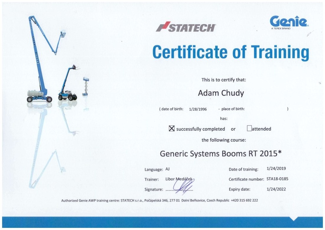 Certyfikat Genie Generic Systems Booms RT 2015